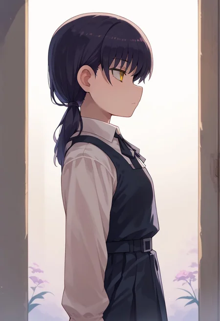 (zPDXL3),
(zPDXLxxx),
1girl,
solo,
AsaXYoruSDXL,
long hair,
black hair,
brown eyes,
ribbon,
low twintails,
school uniform,
yellow eyes,
white shirt,
collared shirt,
black dress,
black ribbon,
pinafore dress,
sleeves dress,
long sleeves,
neck ribbon,
sittng,
watching tv.
medium shot,
side view,