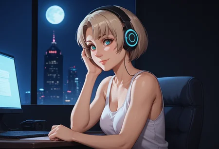 score_9, score_8_up, score_7_up, score_6_up, <lora:bouncy_pony:0.5>, contrast of cool dark background with warm bright foreground, full color, night, moon light, volumetric moonlight, depth of field
cyberpunk Aesthetic, modern bedroom Aesthetic, Blurry Background, neo-Tokyo city view, stary night, full moon, light rays, beautiful natural lighting, glow, light,
<lora:Nene_Romanova_-_Bubblegum_Crisis_Tokyo_2040:1>, Nene, loose tank top, white underware,
{petite body, athletic body, medium breasts, perfect round firm tits, medium round perfect tits, (medium Breasts:0.8), long legs, perfect anatomy, perfect face, perfect nose, detailed eyes, beautiful eyes, perfect eyes, perfect breasts, anatomically correct hands:1.3},
light smile, cute, side view, from side,
lofi girl style, sitting behind a desk, sitting at desk, in front of a computer, headphones, eyes looking at computer screen, lofi girl \(youtube\), zoom out,