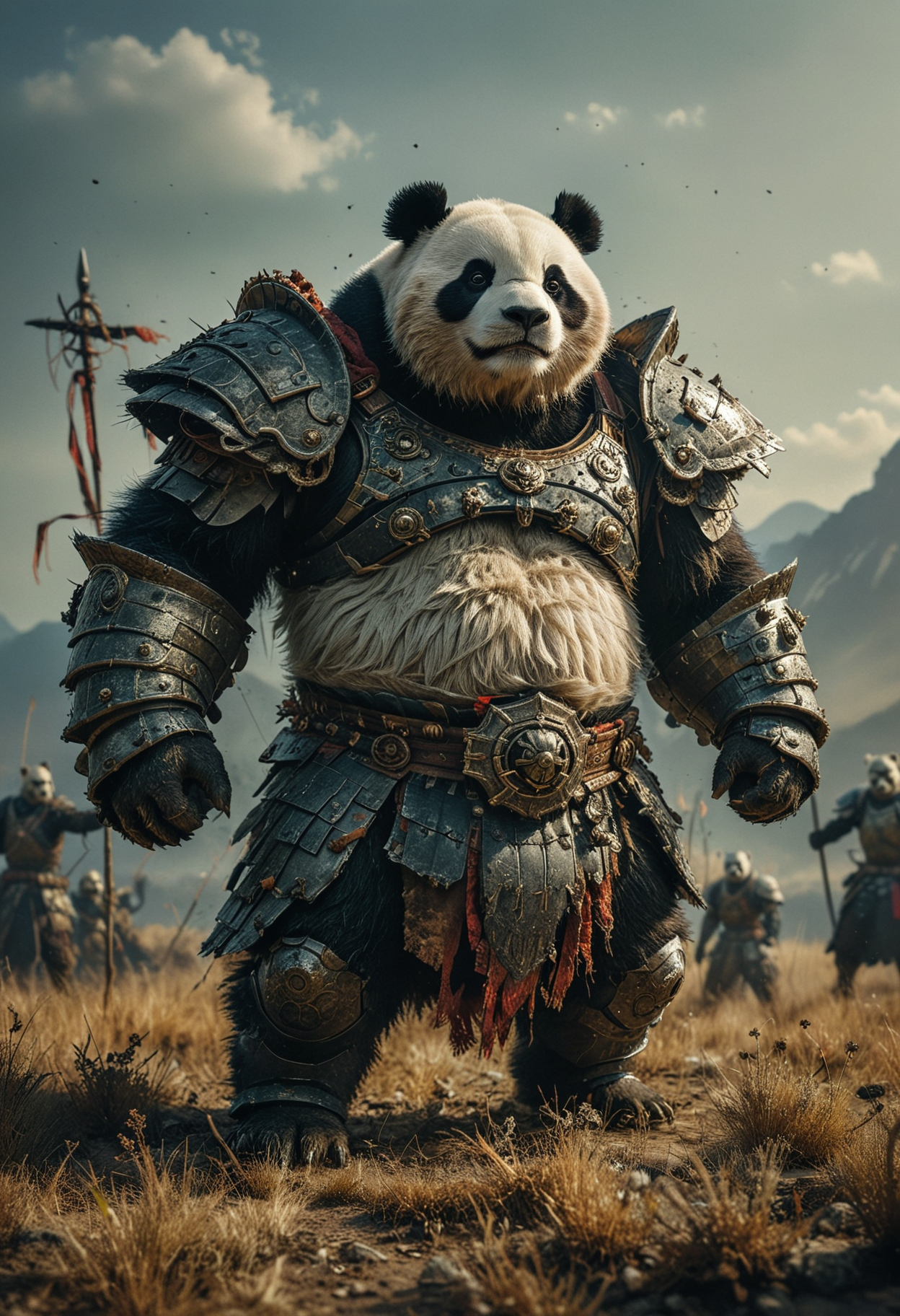 An imposing and fierce fluffy panda warrior stands in a dry grassland battlefield, dressed in rugged battle-worn armor, the panda has a muscular build and determined expression, intimidating presence, group of warriors in the background, emphasizing the epic nature of this scene, The panda warrior is powerful, bravery and readiness for battle, high contrast, dramatic scene, <lora:MJ52:0.4>, <lora:SDXLFaeTastic2400:0.4>, <lora:CinematicStyle_v1:0.7>, <lora:add-detail-xl:1>, <lora:zavy-cntrst-sdxl:0.5>, <lora:- SDXL - vanta-black_contrast_V3.0:0.6>