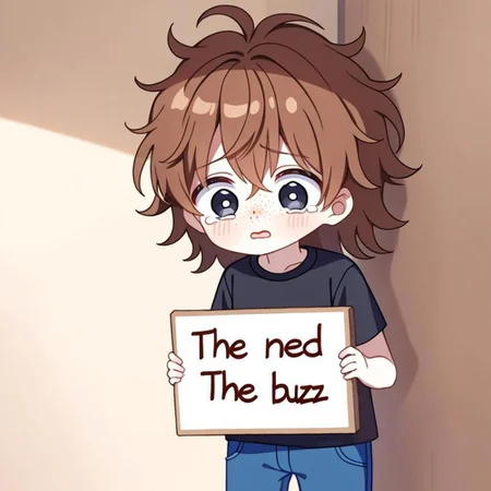 1boy, white skin, freckles, brown hair, messy hair, black t-shirt, blue pants, big eyes, cute, tears, black eyes, dilated pupils, English text, Holding a sign that reads the text: "I need Buzz", handwritten text,