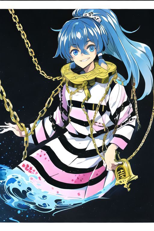 solo, 1girl, solo_focus, ((too many)):16, 
watercolor (medium), traditional media, 
miyadeguchi_mizuchi, solo, 1girl, smile, shirt, long_sleeves, skirt, hair_ornament, teeth, ponytail, chain, cuffs, blue_hair, shackles, long_hair, chains, striped_shirt, striped, skull_hair_ornament, blue_eyes, hair_tubes, bags_under_eyes, ghost, glowing_eyes, wide-eyed, spirit,