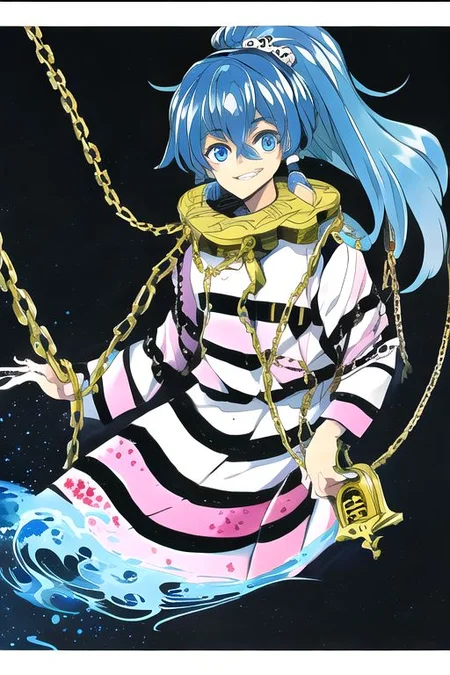 solo, 1girl, solo_focus, ((too many)):16,
watercolor (medium), traditional media,
miyadeguchi_mizuchi, solo, 1girl, smile, shirt, long_sleeves, skirt, hair_ornament, teeth, ponytail, chain, cuffs, blue_hair, shackles, long_hair, chains, striped_shirt, striped, skull_hair_ornament, blue_eyes, hair_tubes, bags_under_eyes, ghost, glowing_eyes, wide-eyed, spirit,