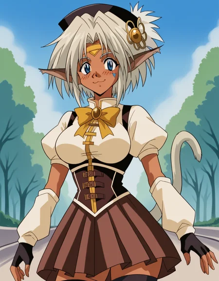 score_9, score_8_up, score_7_up, source_anime, <lora:aisha-clan-clan-s1-ponyxl-lora-nochekaiser:1>, aisha clan clan, blue eyes, large breasts, animal ears, white hair, cat ears, dark skin, dark-skinned female, 1990s (style), tail, cat tail, facial mark, short hair, pointy ears, retro artstyle,, <lora:mami-tomoe-cosplay-ponyxl-lora-nochekaiser:1>, mamitomoecosplay, tomoe mami (cosplay), black gloves, black headwear, black thighhighs, brown skirt, detached sleeves, fingerless gloves, gloves, magical girl, pleated skirt, puffy short sleeves, short sleeves, skirt, corset, striped clothes, striped thighhighs, white shirt, white sleeves, ribbon,, outdoors, street, smile, blush, , cowboy shot, dutch angle,