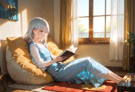 artist:, masterpiece, newest, very aesthetic, very awa, absurdres, highres, 1girl, detailed eyes, small slim girl, disheveled silver-haired, long hair, blue eyes, long dress, blue casual dress,see-through cleavage, sitting on bean bag chair, pillow, reading, enjoy, (((afternoon scene, window, curtain))), dutch angle,side view