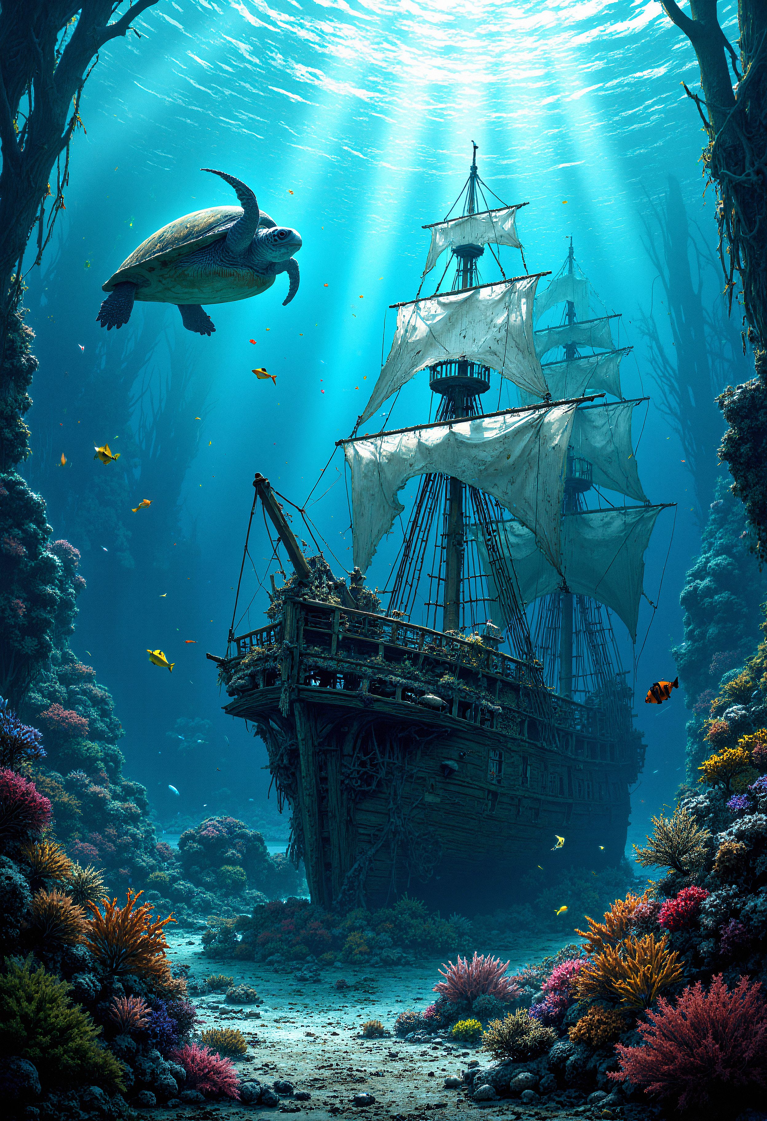 A surreal underwater scene, where an ancient sunken ship lies on the ocean floor, covered in coral and algae. Colorful schools of fish swim around the wreckage, and a giant sea turtle glides gracefully through the water. The ship's broken masts and tattered sails create a ghostly atmosphere, while beams of sunlight filter through the surface, casting an ethereal glow on the scene. The details are hyper-realistic, with every texture of the coral, wood, and water meticulously rendered. The overall mood is mysterious and haunting, yet beautiful and tranquil at the same time.     <lora:FluxMythP0rtr4itStyle:0.8> MythP0rt, <lora:aidmaImageUpgrader-FLUX-V0.1:0.33> detailmaximizer,