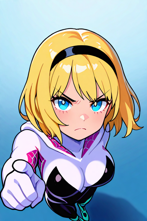 masterpiece, High quality, Ultra detailed, 2d, newest, absurdres, highres, BREAK
1girl, solo, superhero, <lora:Spider_Gwen:0.8>, ghost_spider_(spider-verse), short hair, blonde hair, hairband, blue eyes,  
large breasts, GwenDef, bodysuit, hooded bodysuit, spider web print, skin tight, ballet slippers, 
from above, looking at viewer, angry, pointing at viewer, closed mouth,