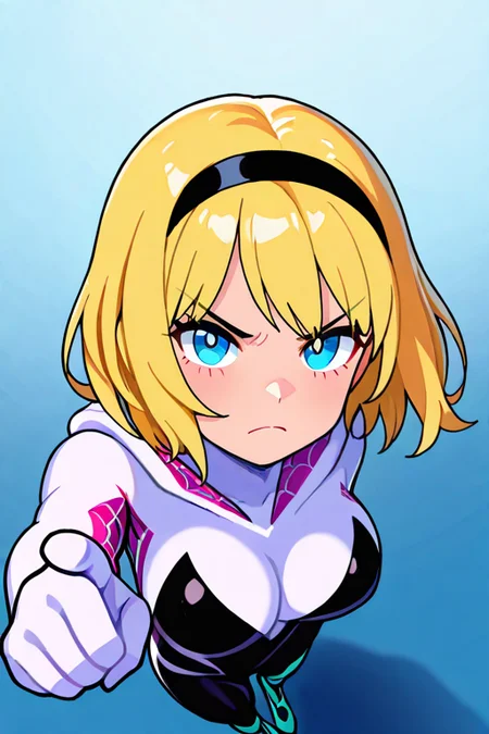 masterpiece, High quality, Ultra detailed, 2d, newest, absurdres, highres, BREAK
1girl, solo, superhero, <lora:Spider_Gwen:0.8>, ghost_spider_(spider-verse), short hair, blonde hair, hairband, blue eyes,  
large breasts, GwenDef, bodysuit, hooded bodysuit, spider web print, skin tight, ballet slippers, 
from above, looking at viewer, angry, pointing at viewer, closed mouth,