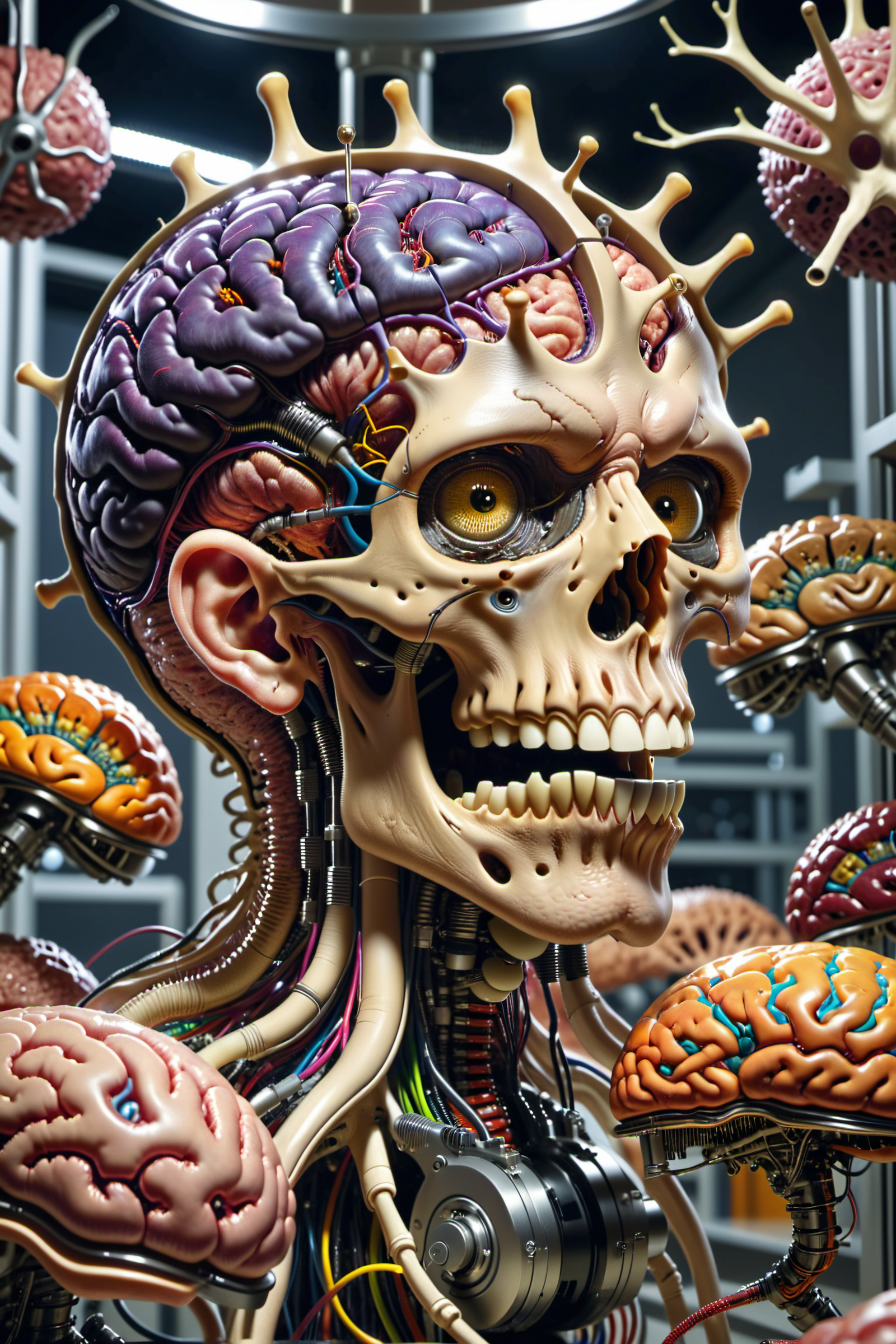 An (extremely detailed:1),vast,weird,chaotic dream landscape of crazy (genetically engineered) brains in a research lab. (hyper-realistic),(overwhelmingly captivating),real intricately elaborate and (insanely strange:1.0) brain alteration with (incredibly absurd:1.0) brain anatomy. Random (Occult Chaos:1) brain nonsense. Hyper-detailed Photography,, Ultra-HD-details