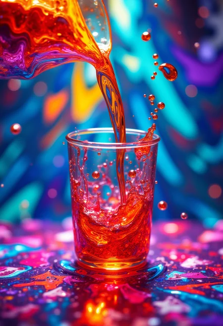 abstract geometric shapes, digital painting art, colorful shiny viscous liquid. cup being filled with liquid