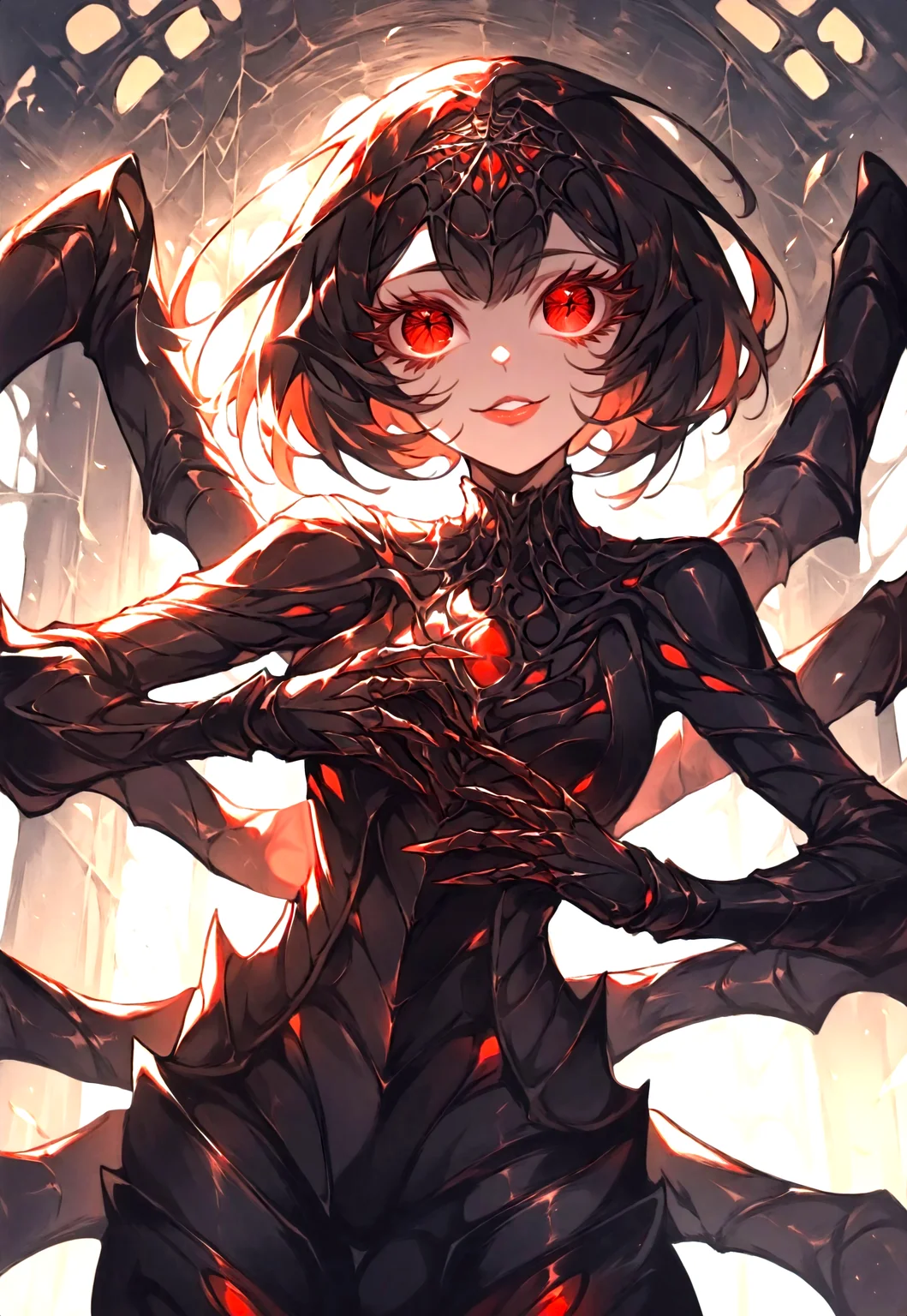 (masterpiece: 1.2), (best quality: 1.2), very aesthetic, 4k, dynamic pose,live frame, (cute style: 1.2), vivid color, deep colors,dramatic lighting, intricate details, thick contours, volumetric shadows, Expressiveh,(detailed hair: 1.4),big eyes, (detailed eyes: 1.4), eyelashes, detailed body,detailed face,clean face,shiny face ,pretty face, (detailed lips: 1.2),(detailed fingers: 1.2),1 girl, solo,arachne, monster girl, arthropod girl, short hair, spider eyes,red eyes, multiple legs,smile, carapace, Standing , holding a sword,cowboy shot,indoor,large hall,round hall,(cobweb: 1.2),