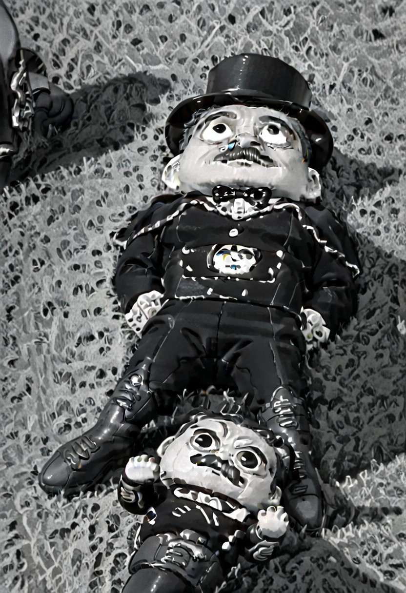 (((black and white, monochrome, greyscale, top down view))),((GRASS,OUTDOORS,BOOTS,BLACK FOOTWEAR,PANTS,LOOKING UP,LOOKING FROM BELOW, small man with mustache, top hat, kenbis, chibi, chibi, male only, male, male chibi, monocle, art deco, thick mustache, comically large mustache, handlebar mustache, tiny, shrunk, microxl, some little guys)), bwMovies, realistic, photo, vintage photo, ((very small man, small man, a small man, a man who is small, a small man)) suit, cane, an unapologetically small human male, black and white, smiling, very happy, euphoric, ecstatic, wonderful small men, large smile, huge smile, muscular, muscles, indoors, cinema, movie theater, detailed background