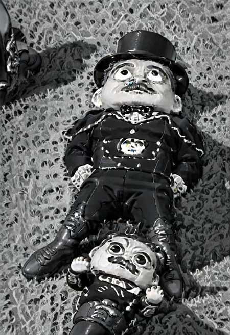 (((black and white, monochrome, greyscale, top down view))),((GRASS,OUTDOORS,BOOTS,BLACK FOOTWEAR,PANTS,LOOKING UP,LOOKING FROM BELOW, small man with mustache, top hat, kenbis, chibi, chibi, male only, male, male chibi, monocle, art deco, thick mustache, comically large mustache, handlebar mustache, tiny, shrunk, microxl, some little guys)), bwMovies, realistic, photo, vintage photo, ((very small man, small man, a small man, a man who is small, a small man)) suit, cane, an unapologetically small human male, black and white, smiling, very happy, euphoric, ecstatic, wonderful small men, large smile, huge smile, muscular, muscles, indoors, cinema, movie theater, detailed background