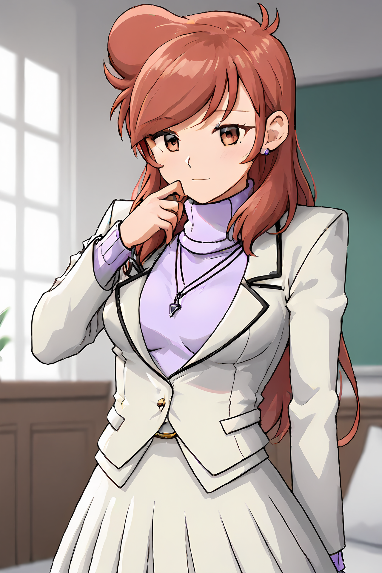 (white jacket purple sweater turtleneck white skirt pendant formal:1.50), cra-melissa, red hair, brown eyes, long hair, big hair, swept bang, 
medium breasts, 1girl, solo, skinny, (source_anime, score_9, score_8_up, score_8, score_7_up), score_7, score_6_up, score_6, score_5_up, score_5, 
(lewd:1.10),
(indoors:1.10),
(full body:1.20), (feet:1.10),
<lora:cra-melissa-V02-000004:0.80>