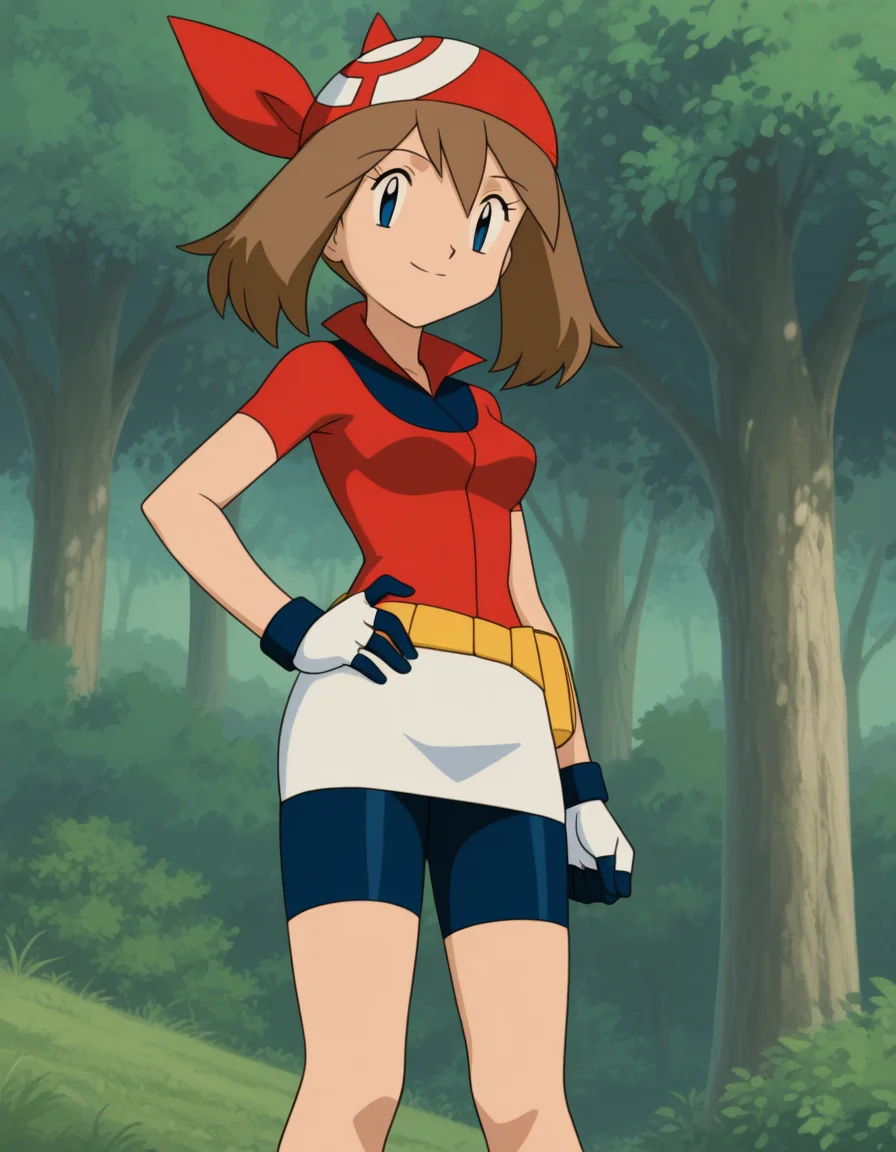 official style,may (pokemon), pokemon (anime), 2000s,brown hair, blue eyes, red bandans, red shirt, short sleeves, gloves, white pouch, white skirt, short skirt, pencil skirt, bike shorts,(standing:1.5),(hand on own hip:1.5),
explicit,(anime screencap), 2d cel anime,anime cap,anime,anime style,anime cel,cell shadedsoft brightness,perfect face,perfect nose, perfect hair, perfect eyes,perfect female body,perfect skin,a face of perfect proportion,perfect lighting,perfect anatomy,perfect proportion,perfect hands,perfect legs,perfect fingers,masterpiece,hair between eyes,
breasts,
perky breasts,best quality,very aesthetic,absurdres,16k,intricate detail,amazing quality,(bold:3.12),thick outline,black outline,harsh lines,soft lines,deluster,boldline,curvy,(anime coloring:1.2), smile,slim,
looking at viewer,
super fine illustration,detailed linework,vibrant colors,kawaii,flat color,outdoors,forest, <lora:ãã±ããã¢ã³ã¹ã¿ã¼ãã«ã«åå ´çã¢ãã¡ä½ç»é¢¨PokemonMayMovie_ANIME_Styleillustrious-000015:1:0.8>