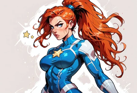 safe_pos, score_9, score_8_up, score_7_up, source_cartoon, graphic novel, illustration, line art, digital painting, best quality, looking at viewer, hourglass figure, round breasts, beautiful, blue superhero girl, patriot, patriotic, American, strong woman, skinny, strong, long hair, orange hair, ((redhead)), blue eyes, pointy nose, ponytail, oiled skin, long eyelashes, brown eyebrows, eyeshadow, athletic fit body, defined muscles, strong biceps, defined glutes and leg muscles, ((white star:1.5)), star centered on chest, blue superhero outfit, long sleeves, red accents, elbow-length red gloves, armored gloves, heroic, fist, punch