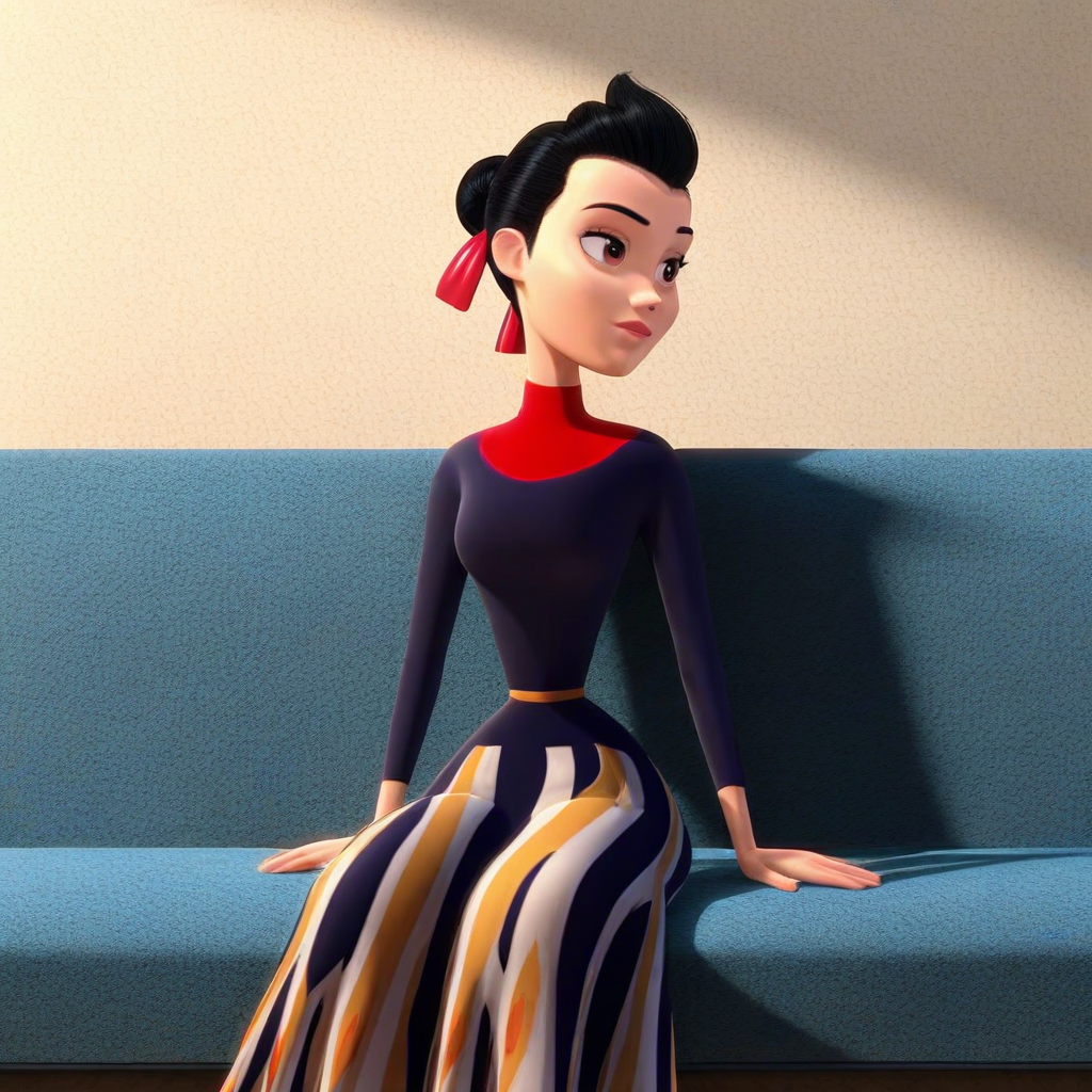 score_9, solo, franny_mtr, 1girl, black hair, single hair bun, hair ribbon, dress, sitting, sofa
