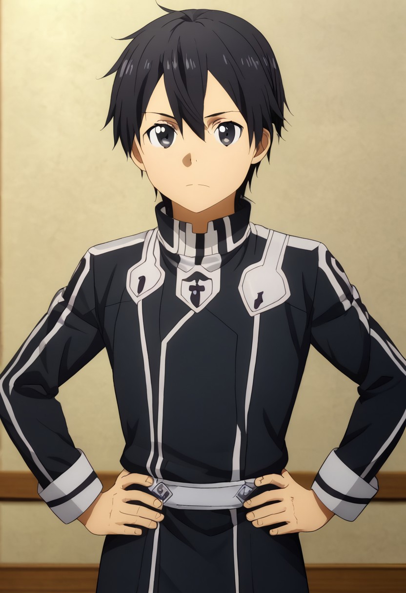 high resolution, solo, best quality, 1Boy, Kazuto Kirigaya, Black Hair, Black Eyes, Hands on hips, chin up, proud, superior,