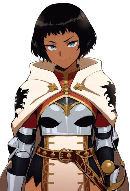 masterpiece, best quality, very aesthetic, absurdres,
1girl, mercedesmarten black hair, short hair, blue eyes, dark skin,
armor, cape, belt, breastplate, pelvic curtain, scabbard, shoulder armor,
smile, upper body,
looking at viewer, solo, simple background, white background, <lora:MercedesMartenNoobXL_byKonan:1>