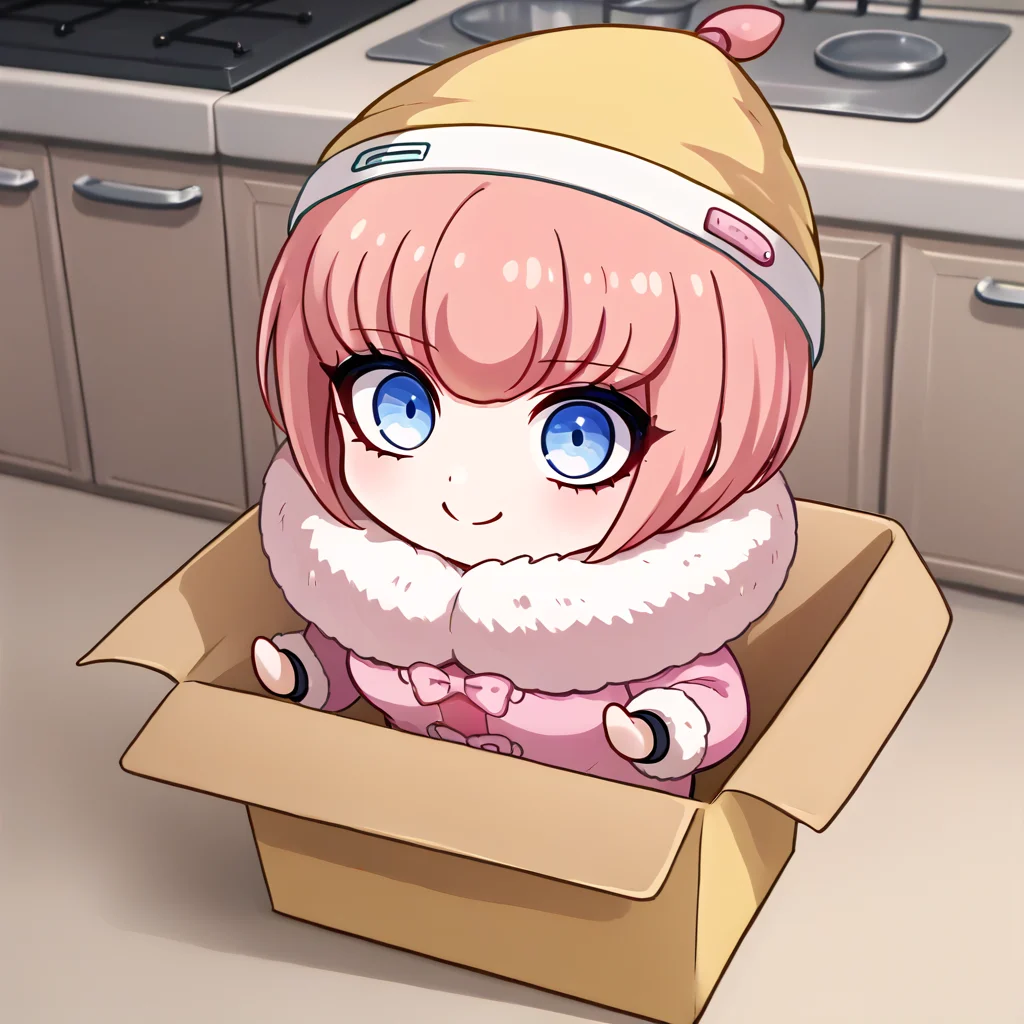 score_9, score_8_up, score_7_up, source_anime, 1girl, smile, <lora:boxed_potat_v1:1> b0xe,chibi,in box, <lora:RurukaDR-pdxl:1> ruruDR, short hair, pink hair, blue eyes, beanie, yellow headwear, fur collar, fur-trimmed coat, pink coat, medium breasts, long sleeves, fur-trimmed sleeves, kitchen, counter