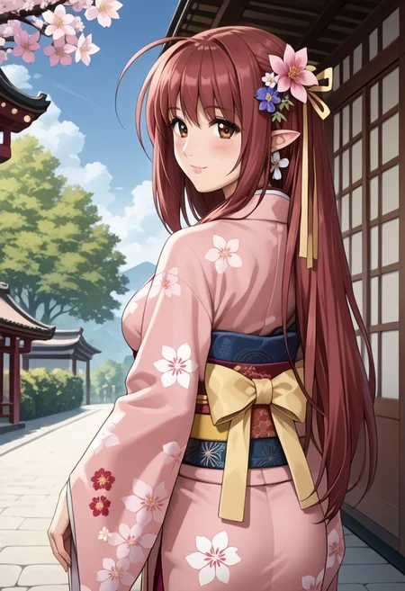 score_9, score_8_up, score_7_up, source_anime, 
detailed eyes, eye reflection,
ohwx, red_hair, long_hair, brown_eyes, pointy_ears, ahoge, very_long_hair, brown_hair,
large breasts,
ribbon, bow, jewelry, hair_ribbon, earrings,
hair ornament, hair flower, japanese clothes, kimono, pink kimono, print kimono, floral print, flower, long sleeves, wide sleeves, obi, tabi,
outdoors, new year,
1girl, blush, smile,
looking back at viewer, view from behind,