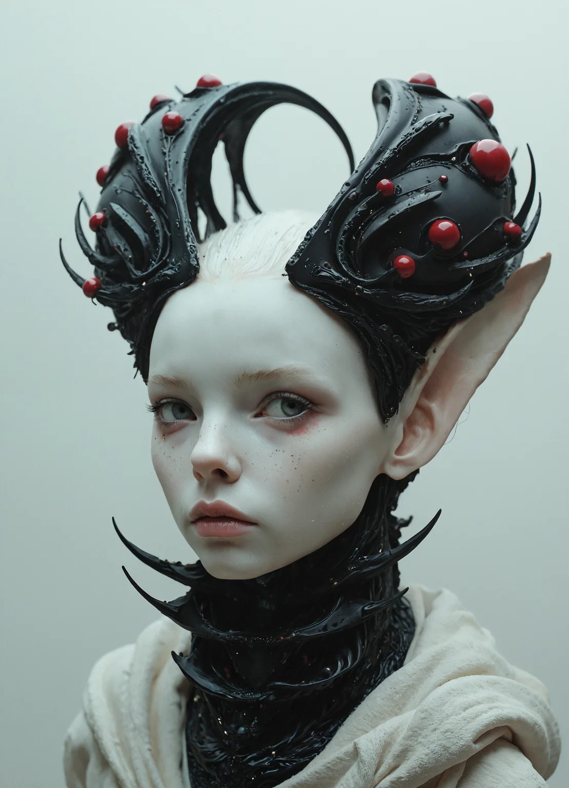 Surrealist portrait of an otherworldly being, its pallid, elongated face emerging from a stark grey background. The creature's skin is alabaster white, smooth and almost porcelain-like in texture. Its eyes, set deep in hollow sockets, gaze intensely at the viewer with an unsettling, alien intelligence. The being's head is adorned with a living, biomechanical crown that arches back symmetrically. This ornate headdress consists of glossy black segments reminiscent of an exoskeleton, each segment tipped with a vibrant red sphere, creating a hypnotic pattern of black and red. Similar biomechanical structures extend down the creature's neck and chest, forming an intricate, organic necklace. The overall composition evokes a sense of regal alienness, blending the biological with the mechanical in a dreamlike fusion. The lighting is soft yet dramatic, emphasizing the contrast between the being's pale skin and the dark, gleaming structures adorning it. This image captures a moment of surreal beauty and unease, challenging the boundaries between flesh and machine, familiar and foreign.