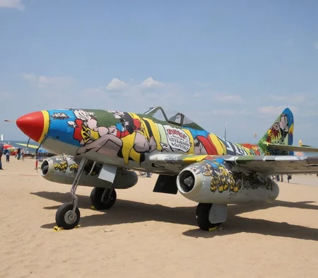 Messerschmitt Me 262 <lora:me-262-flux:2.3> A Messerschmitt Me 262 parked on a sunlit beach, its fuselage decorated with vibrant pop art featuring a sultry woman in a commander’s hat and stylish military uniform. The scene contrasts the vintage jet with the retro aesthetic, incorporating bold colors, comic-style speech bubbles, and playful pin-up vibes.