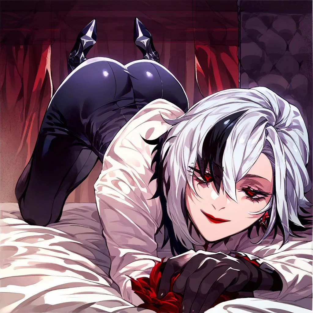score_9,score_8_up,score_7_up,score_6_up <lora:arlecchino xl pd:0.8>arlecchino gi, x-shaped pupils, 1girl, multicolored hair, black hair, looking at viewer, hair between eyes, short hair, white hair, streaked hair, earrings, jewelry, bangs, , red lips, grey hair, detailed eyes, detailed face, black pants, high heels, gloves, masterpiece, high detail, best quality, sharp eyes, half closed eyes, all fours, legs up, no emotion, closed mouth, bed, ass up, ass focus, smile