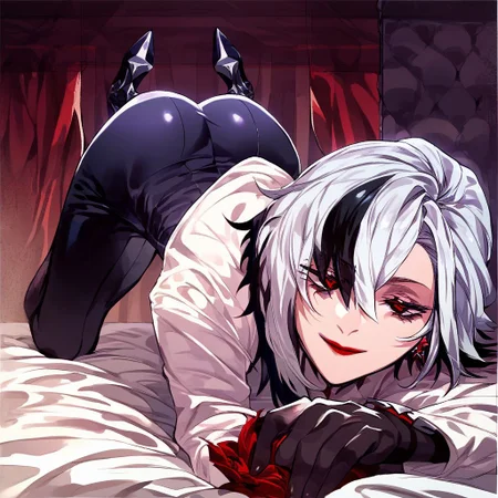 score_9,score_8_up,score_7_up,score_6_up <lora:arlecchino xl pd:0.8>arlecchino gi, x-shaped pupils, 1girl, multicolored hair, black hair, looking at viewer, hair between eyes, short hair, white hair, streaked hair, earrings, jewelry, bangs, , red lips, grey hair, detailed eyes, detailed face, black pants, high heels, gloves, masterpiece, high detail, best quality, sharp eyes, half closed eyes, all fours, legs up, no emotion, closed mouth, bed, ass up, ass focus, smile