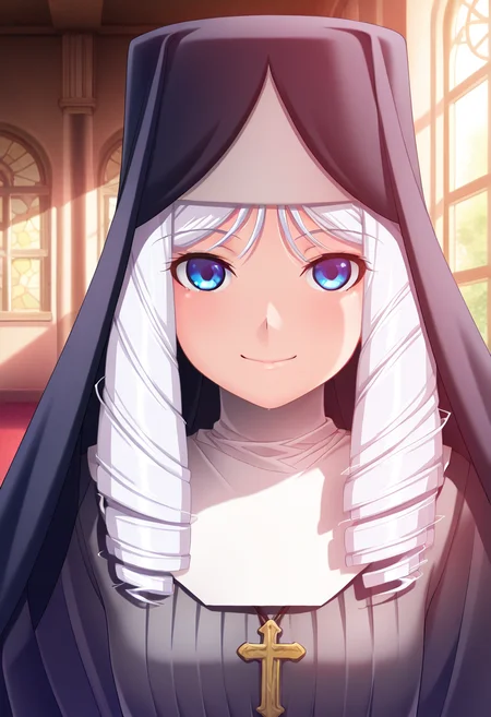 masterpiece, best quality, amazing quality, 1girl, solo, (portrait:1.2), meiww, blue eyes, white hair, long hair, drill hair, small breasts, nundress, habit, cross necklace, looking at viewer, smile, indoors, day, skindentation, detailed clothing folds, depth of field, sharp, high contrast, dynamic light <lora:Sister_Mei_Alea_ill:1>