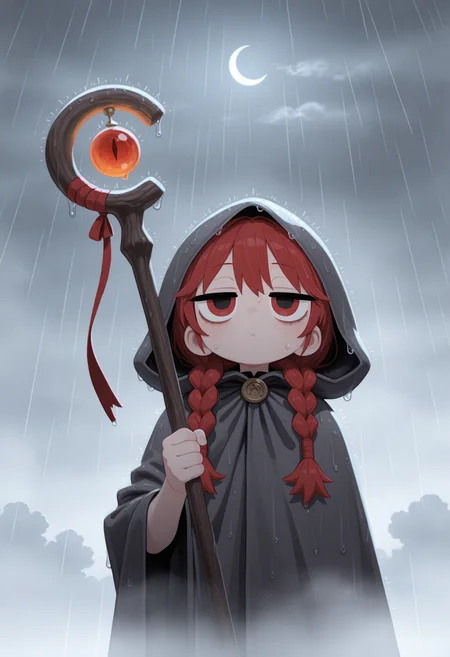 masterpiece, best quality, amazing quality, very aesthetic, high resolution, very awa,
1girl, face focus, twin braids, jitome, cloud, crescent moon, fog, holding mage staff, rain, hood up, cloak, [(realistic:0.5)::0.2],
, <lora:NOOB_EPSv1_1_detailer_by_vlnvk_v1_0:1>
, <lora:spo_sdxl_10ep_4k-data_lora_webui:.5>
,    <lora:pochi_science_ill:1>