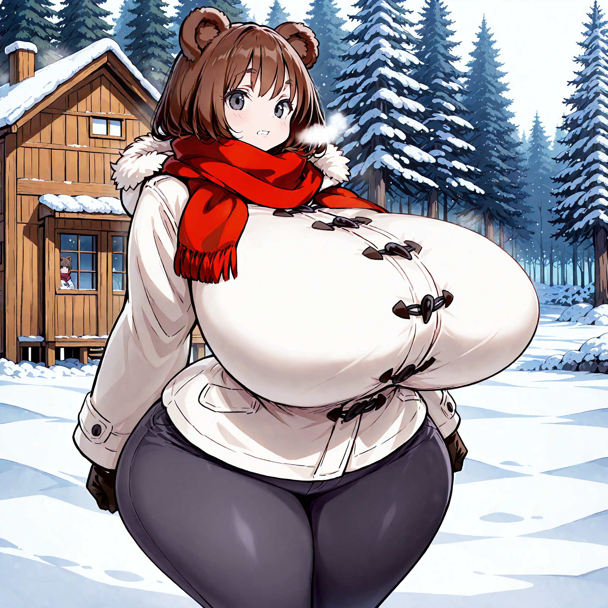 (masterpiece), best quality, (highly detailed), 1female, solo, <lora:night_blade_style_Illustrious:0.8>, bear ears, brown hair, black eyes, gigantic breasts, wide hips, white winter coat, pants, fitting clothes, forest, snow, cabin, red scarf, looking at viewer, blank expression,