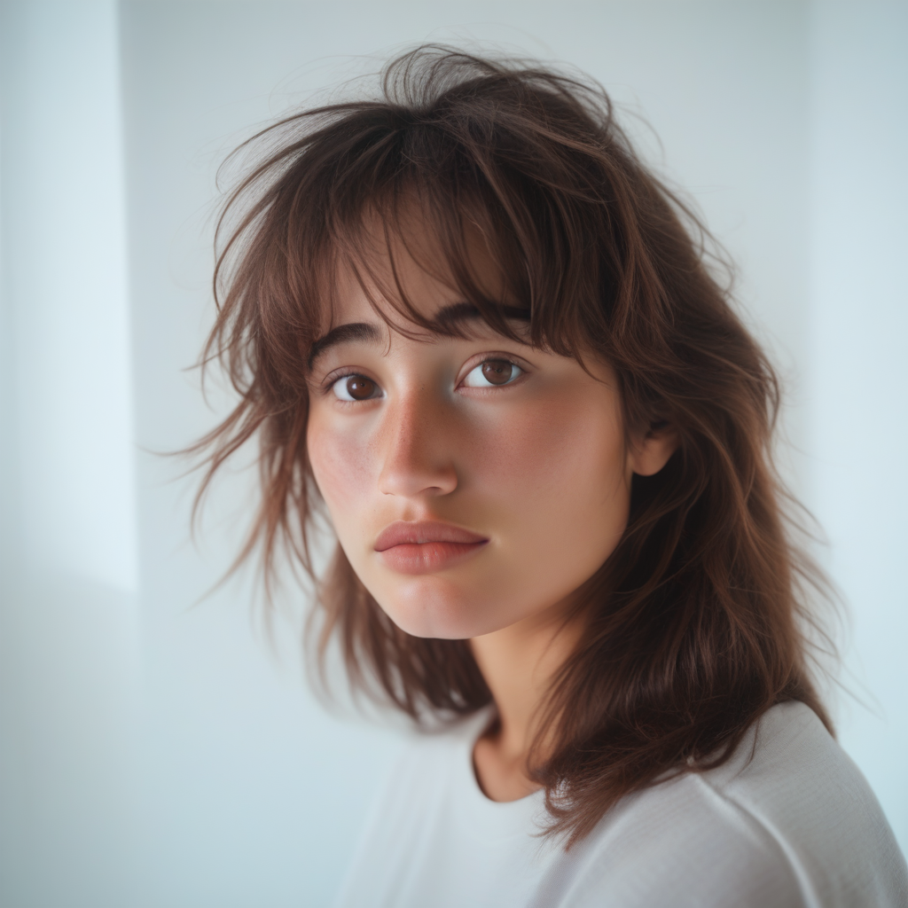 hyper realistic skin, high key lighting, well-lit face, 20 years old beautiful model, studio light, bathed in soft natural light, portrait photo, fit in frame, flat-cut bangs, studio photo, rim lighting, ambient warmth, ultra realistic, professional photography, brown eyes, white shirt, with medium short brown hair, extreme high clarity, volumetric