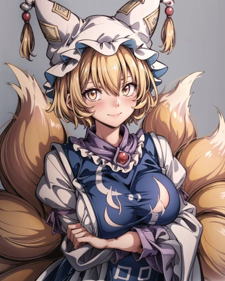 <lora:ran:1>,1girl, yakumo ran, hat, solo, blonde hair, fox tail, tail, breasts, grey background, no headwear, tabard, short hair, blush, upper body, yellow eyes, multiple tails, large breasts, looking at viewer, simple background, long sleeves, white dress, hands in opposite sleeves, dress, hair between eyes, wide sleeves, bangs, frills, smile, frilled shirt collar, closed mouth, frilled sleeves, head tilt, kitsune, own hands together, arms under breasts, standing, breast hold, shiny,(kbxll:0.6), masterpiece, best quality, <lora:add_detail:1>