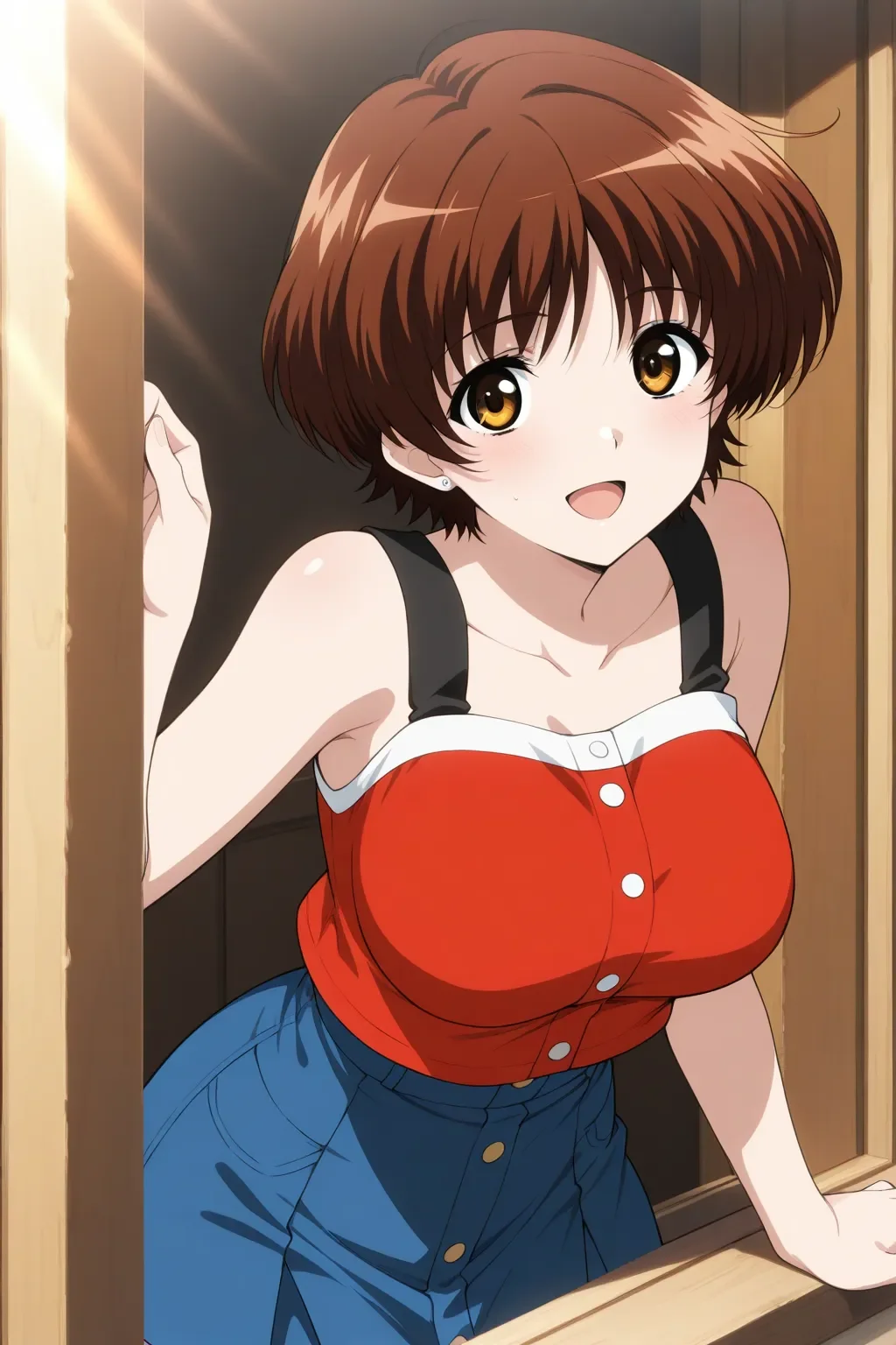 masterpiece, best quality, handmaidmay_kasumi_ilxl <lora:handmaidmay_kasumi_ilxl:1> brown hair, brown eyes, blue short skirt ,red shirt , large breasts, general , leaning out of a window, soft sunlight on face, smile, looking at viewer, open mouth
