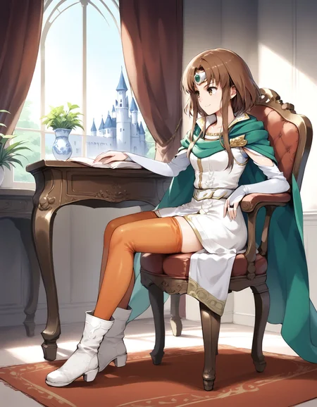 score_9, score_8_up, score_7_up, score_6_up, BREAK source_anime, best quality, masterpiece,
1girl,<lora:miranda fehPonyXL:0.8>,miranda feh,brown eyes,circlet,cape,bridal gauntlets,dress,pelvic curtain,thighhighs,boots,full body,sitting,on chair,smile,from side,castle