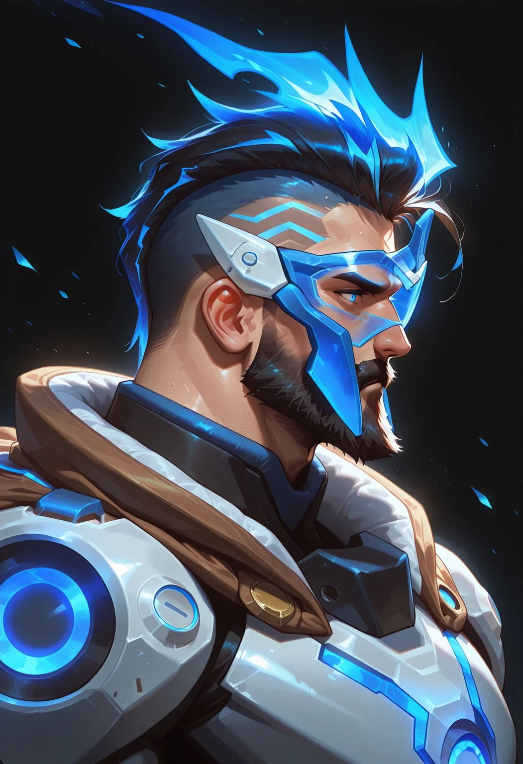 1boy,bara,male,solo,profile,black background,
pulsefire_pantheon,power armor,blue eyes,black hair,mohawk,beard,mustache,
blue visor,blue crest,blue crest,long crest,glowing crest,cape,
male focus,perfect anatomy,masterpiece,perfect quality,best quality,detailed,newest,very aesthetic,
<lora:hand 5.5:1>,<lora:4k:1>,<lora:add-detail-xl:1>,<lora:saturation_v1:2>,<lora:pulsefire_pantheon:0.9>,<lora:SilverjowStylePonyXL:1>,, <lora:Expressive:0.8>,