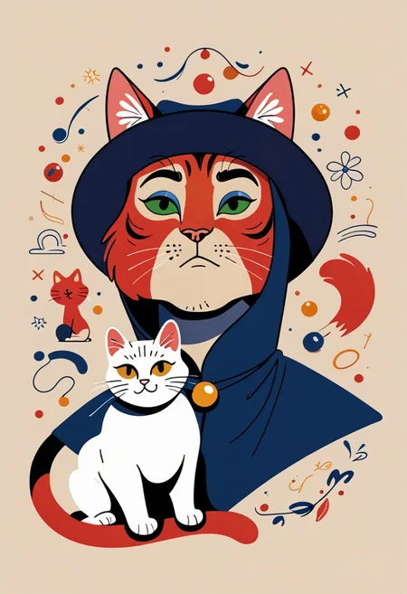 score_9, score_8_up, score_7_up, solo, 1 cat, easynegative, catman, memphis corporate design, flat art, flat coloring, simple, vector art, corporate art, cel shading, cel shaded, Vector Cartoon Illustration, cat, catman, man with cat head, red furr cat, red furr, dark blue mantle, beige backgound,
