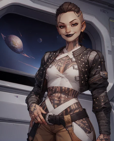 score_9,score_8_up,score_7_up,
jackme3xl,black lips,tattoo,short hair,ponytail,ear piercing,brown eyes,
standing,looking at viewer,smug,
open leather jacket,white wrappings,pants,
space station,
<lora:JackME3-147:0.9>,