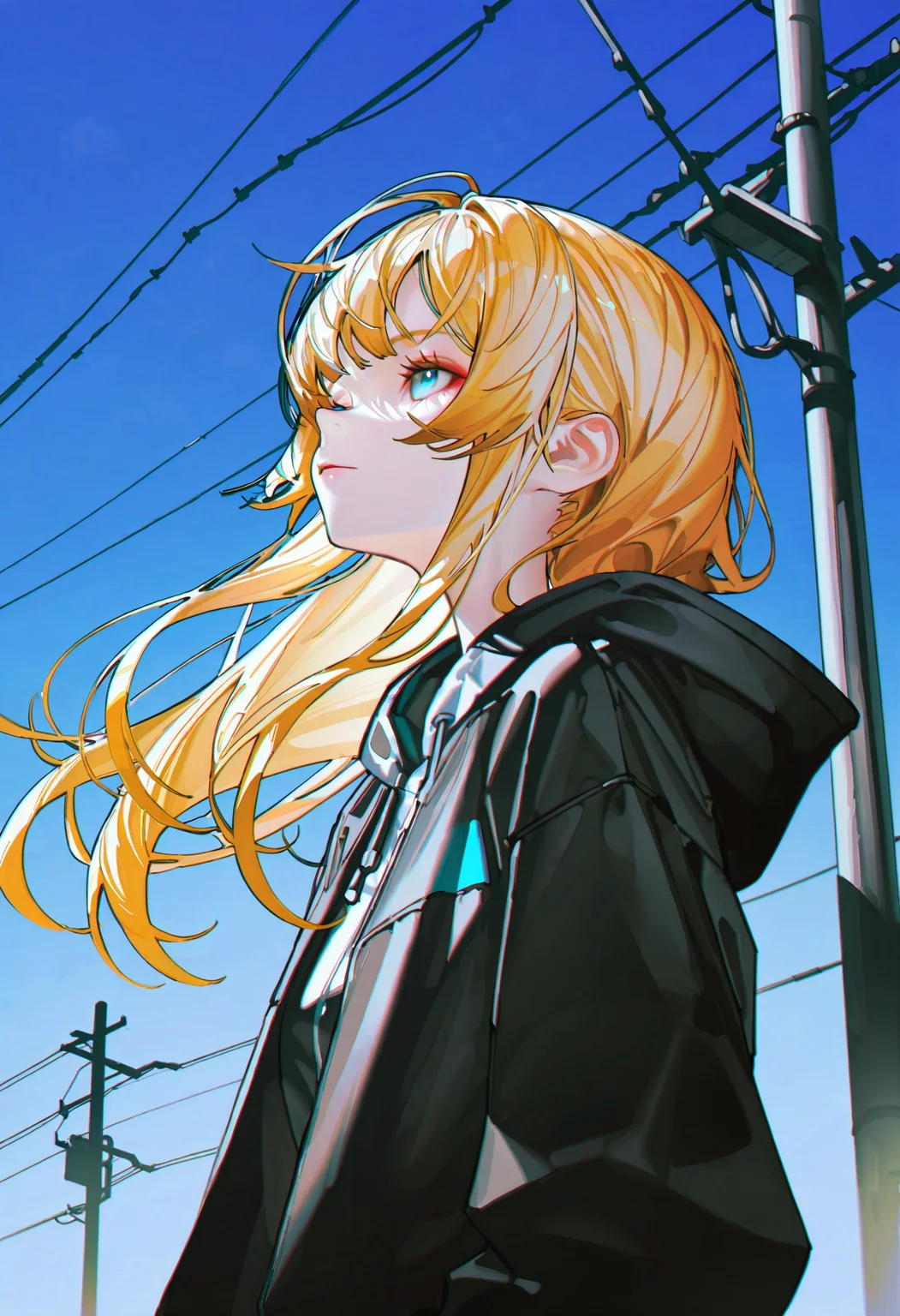 <lora:iumu_kam-illustriousXL_v01_V1-CAME-000035>, iumu_kam, 1girl, solo, long hair, jacket, blonde hair, outdoors, utility pole, power lines, looking up, sky, hood, black jacket, hood down, upper body, ligne claire, blue sky, closed mouth, from below, hooded jacket, long sleeves, eyeshadow, day, makeup
