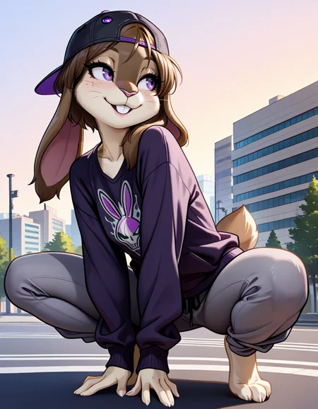masterpiece, best quality, very aesthetic, absurdres,
outdoors, streetwear,  
barefoot, full body, posing, 
seductive smile, parted lips, long eyelashes,
<lora:Nicole_Meadowsong_v01_NAIXL:1>
N1c013,1girl,solo,furry,furry female,rabbit girl,brown hair,backwards hat,short hair,rabbit ears,purple eyes,snout,animal nose,whiskers,buck teeth,body fur,two tone fur,brown fur,grey fur,rabbit tail,