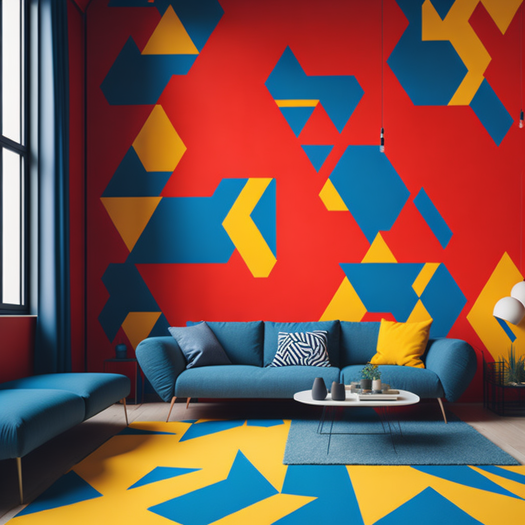 <lyco:geometric_style_interior_design_Sa_May:1.0>  geometric style interior design of living room red yellow blue