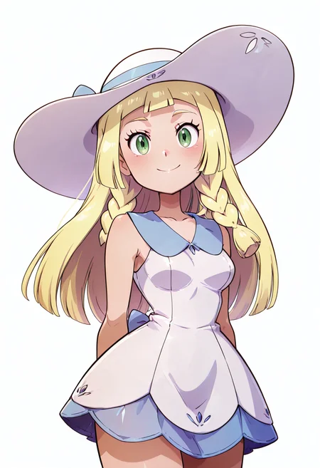 (masterpiece, best quality, good quality, very aesthetic, absurdres, newest:1.2), medium breasts, (curvy), ,,, zzLillie, long hair, braid, sun hat, white headwear, collarbone, sleeveless dress, white dress, <lora:LilliePokemon_NAI:1.0>, smile, looking at viewer, cowboy shot, <lora:GoldenCATLoraNAI:1.0>,