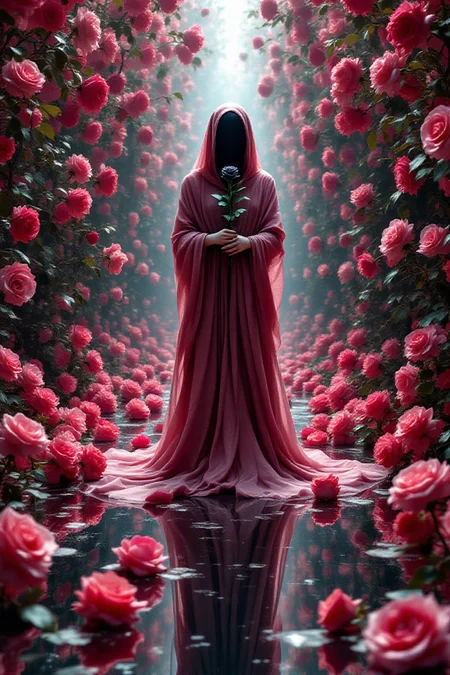 Visualize a mirrored realm where every surface reflects an infinite expanse of roses, each one more sensual and perfect than the last. In the center of this boundless garden stands a figure, draped in flowing fabrics that mimic the petals of the roses. The figure holds a single, black rose that absorbs light, creating a stark contrast to the endless reflections. The air is charged with an erotic tension, as if the mirrors themselves are captivated by the allure of the roses. The entire scene is bathed in a soft, ethereal light that gives the image an amazing, dreamlike quality. This depiction of the mirrored realm is a testament to creativity in novel dimensions, offering an awe-inspiring and picturesque view that tantalizes the imagination and ignites the senses.