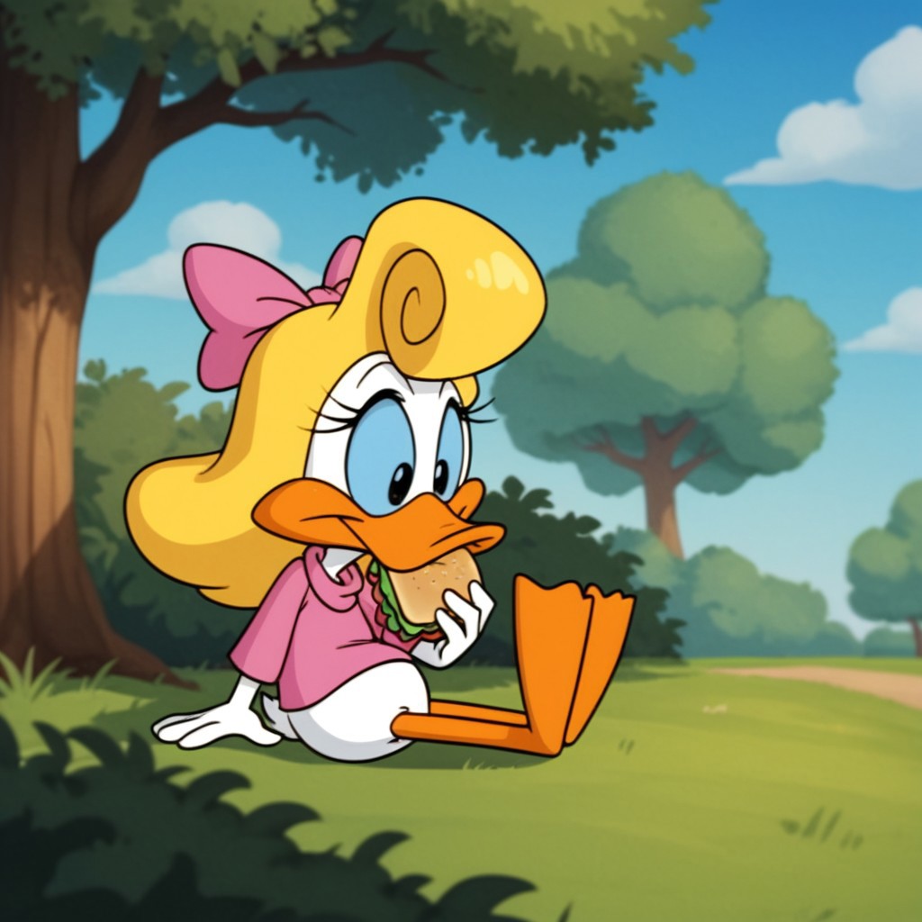 score_9, score_8_up, score_7_up, score_6_up, score_5_up, score_4_up, source_furry, Shirleytta, semi-anthro, female, duck, blonde hair, blue sclera, black eyes, white feathers, pink bow, pink shirt, sitting, in a park, eating, sandwich