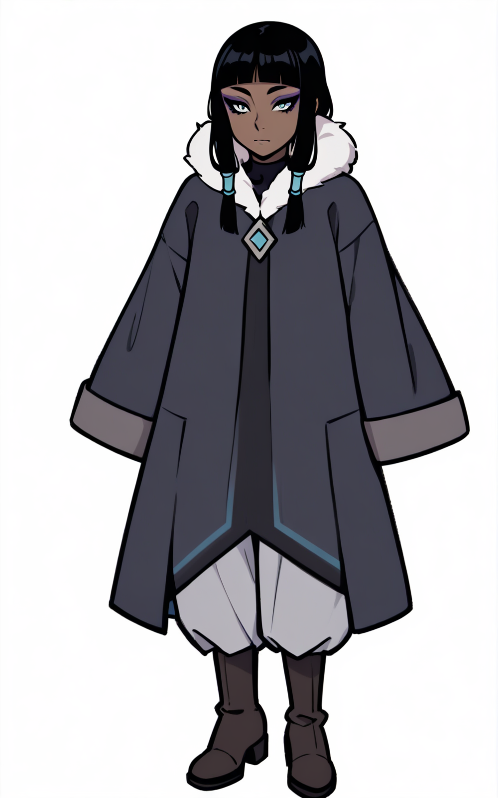 best quality, absurdres,full body, <lora:BolivanteStyleITS:0.8>, <lora:ELKITS:0.8>, boots, coat,dark blue coat, sleeves past wrists, sleeves past fingers, long sleeves, fur trim, black hair, dark-skinned female, dark skin, bangs, blunt bangs, sidelocks, blue eyes, eyeliner, makeup, hair tubes, white background,slim