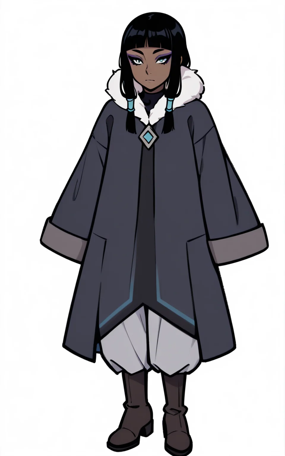best quality, absurdres,full body, <lora:BolivanteStyleITS:0.8>, <lora:ELKITS:0.8>, boots, coat,dark blue coat, sleeves past wrists, sleeves past fingers, long sleeves, fur trim, black hair, dark-skinned female, dark skin, bangs, blunt bangs, sidelocks, blue eyes, eyeliner, makeup, hair tubes, white background,slim
