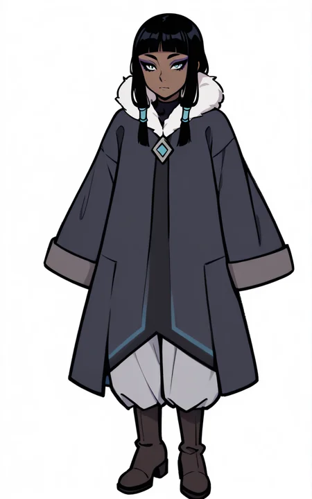 best quality, absurdres,full body, <lora:BolivanteStyleITS:0.8>, <lora:ELKITS:0.8>, boots, coat,dark blue coat, sleeves past wrists, sleeves past fingers, long sleeves, fur trim, black hair, dark-skinned female, dark skin, bangs, blunt bangs, sidelocks, blue eyes, eyeliner, makeup, hair tubes, white background,slim