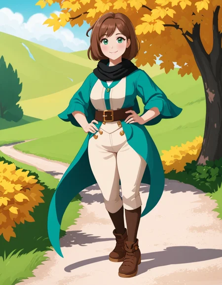 OneStepFromEdenStyle, 1girl, wide_hips, blush}, solo, outdoors, [black] scarf, [green] eyes, [brown] hair, smile, full_body, high_fantasy, teal footwear
 <lora:OneStepFromEdenStyle_Illustrious:1>