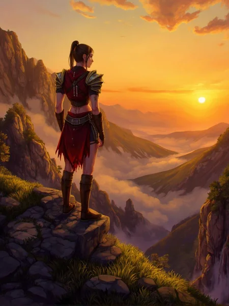 <lora:ck-LttleGhost-000011.safetensors:1> in the style of ck-lttlegh0stA towering figure stands atop a rocky outcropping at sunset, his gaze fixed on distant mountains shrouded in mist. He wears tattered, crimson armor and boots, his intense expression a testament to ancient warrior prowess. The scene is set against a backdrop of rugged cliffs and lush valleys, bathed in warm golden light that casts long shadows across the landscape. Every rock, tree, and blade of grass seems imbued with mysticism, rendered in stunning high-resolution detail.