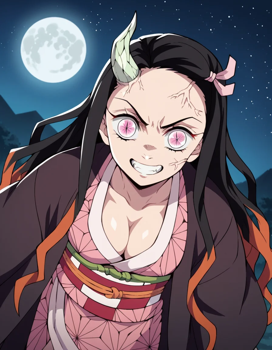 score_9, score_8_up, score_7_up, source_anime,
nezukokamado, <lora:nezuko-kamado-anime-ponyxl-lora-nochekaiser:1>,
nezuko kamado, black hair, forehead, hair ribbon, long hair, multicolored hair, pink eyes, orange hair, slit pupils, wavy hair, two-tone hair,
cleavage, japanese clothes, horns, kimono, sash, obi, demon girl, angry, single horn, veins, pink kimono, cracked skin, checkered sash, tattoo,
outdoors, night, landscape, moon, starry sky, bent over, smile,
solo, dutch angle, looking at viewer, cowboy shot,